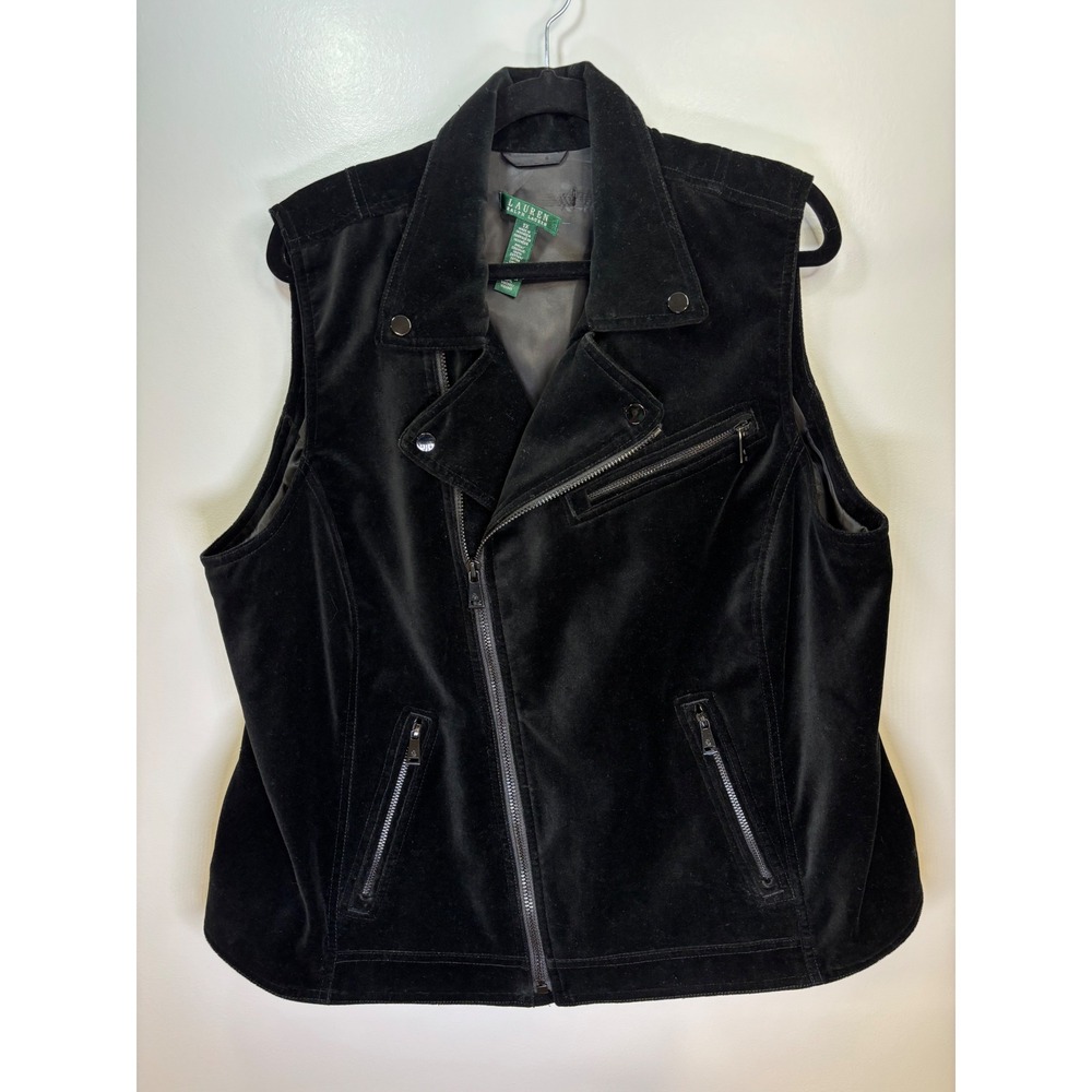 Lauren Ralph Lauren Black Velvet Moto Vest Womens 1X Asymmetrical Zip Sleeveless